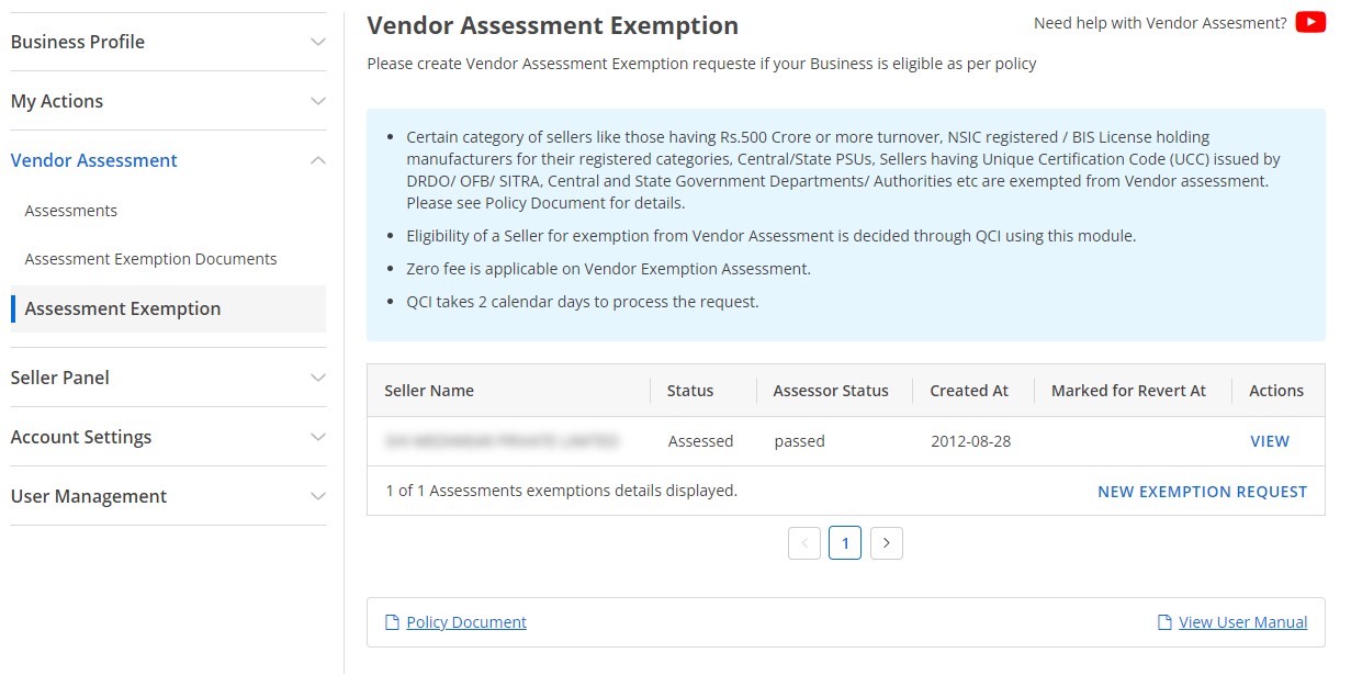 Vendor Assessments Exemption